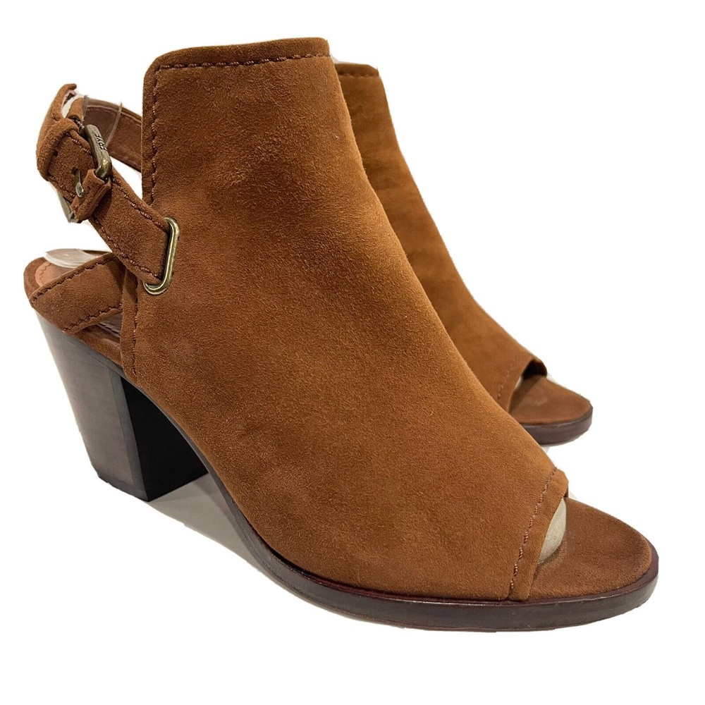 Frye DANI Brown Suede Leather Peep-Toe Stacked Heel Sandals Womens Shoe Size 6.5